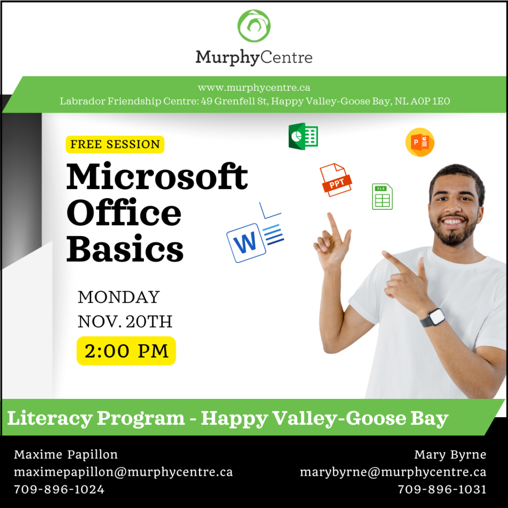 A man pointing to icons of microsoft word, excel, and power point to promote a murphy centre class that will teach students about Microsoft Office Basics.